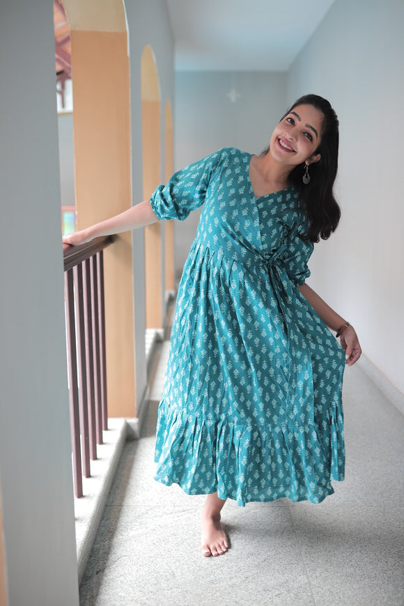 Deep Green floral Wrap Dress