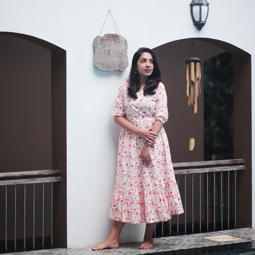 White orange mul cotton Wrap Dress - 15 working days to dispatch