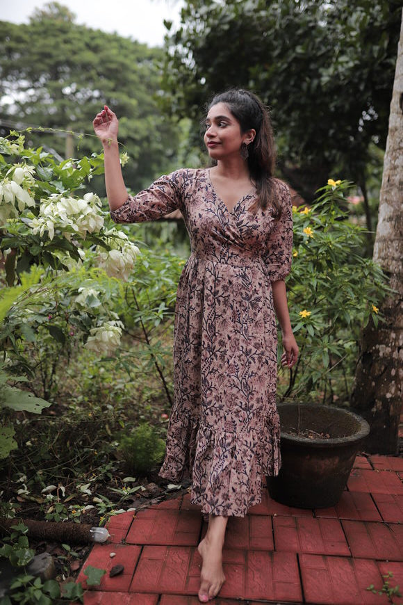 Blue floral on brown  print Wrap Dress - READY TO DISPATCH