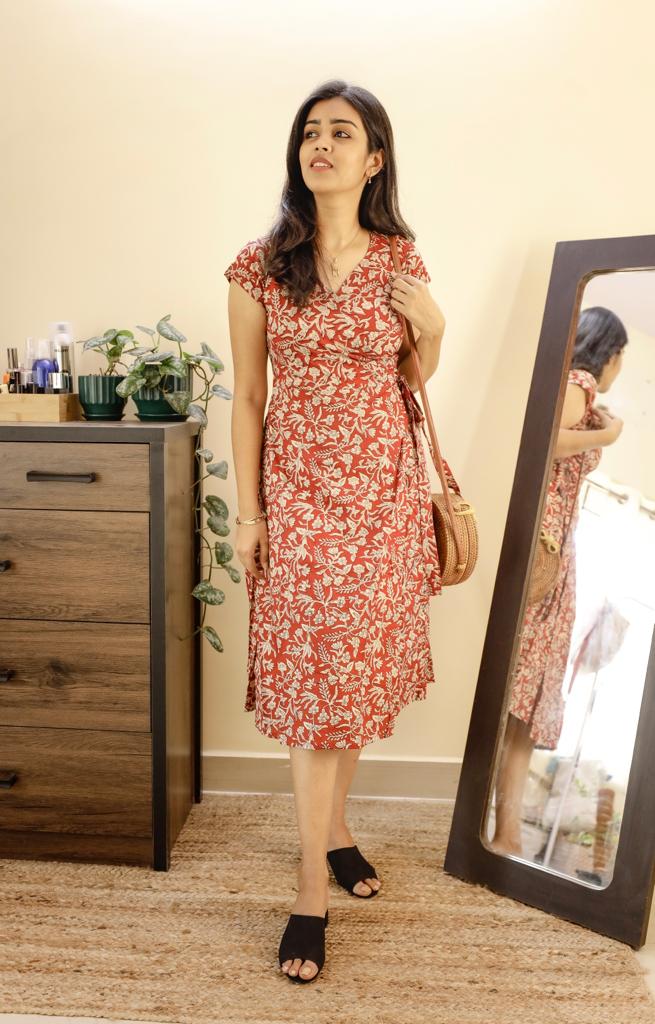 Red with beige flower wrap dress