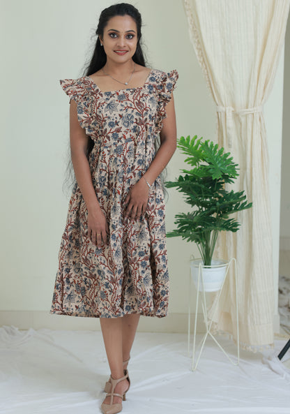 Brown Floral Frill sleeve lounge dress